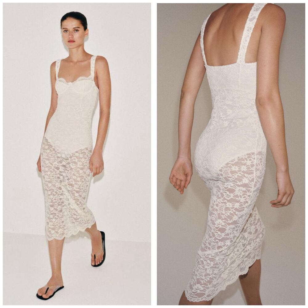 NWT Zara White Lace Midi Dress Size Medium Corset Semi Sheer Skirt 1165/470